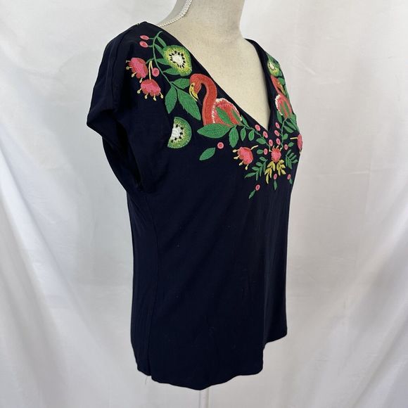 Boden Marcia Festival Boho Flamingo Embroidered V Neck Top Size 6  Shirt Blue - Picture 4 of 7